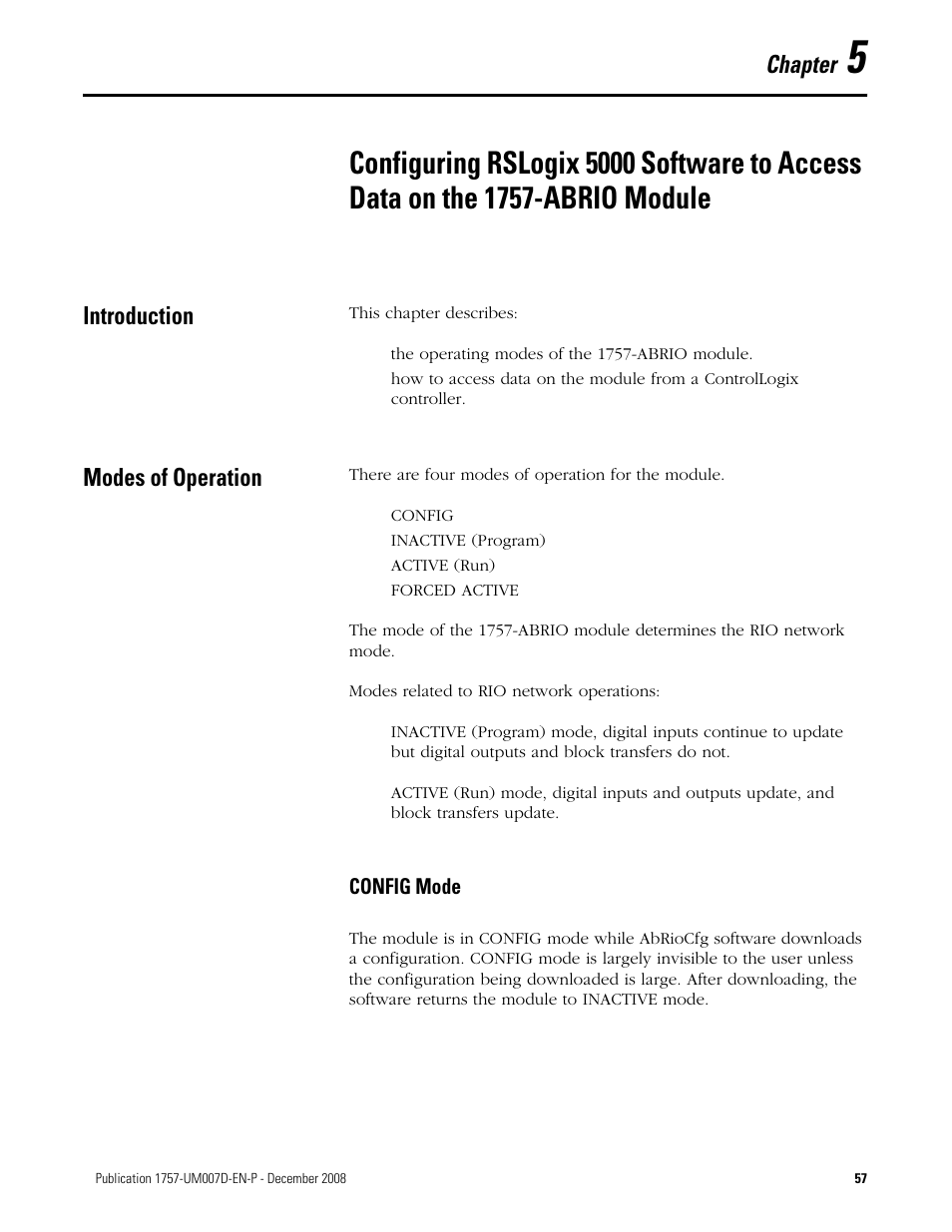 Introduction, Modes of operation, Config mode | Chapter 5, Introduction modes of operation, Chapter | Rockwell Automation 1757-ABRIO Process Remote I/O (RIO) Communication Interface Module User Manual | Page 59 / 160