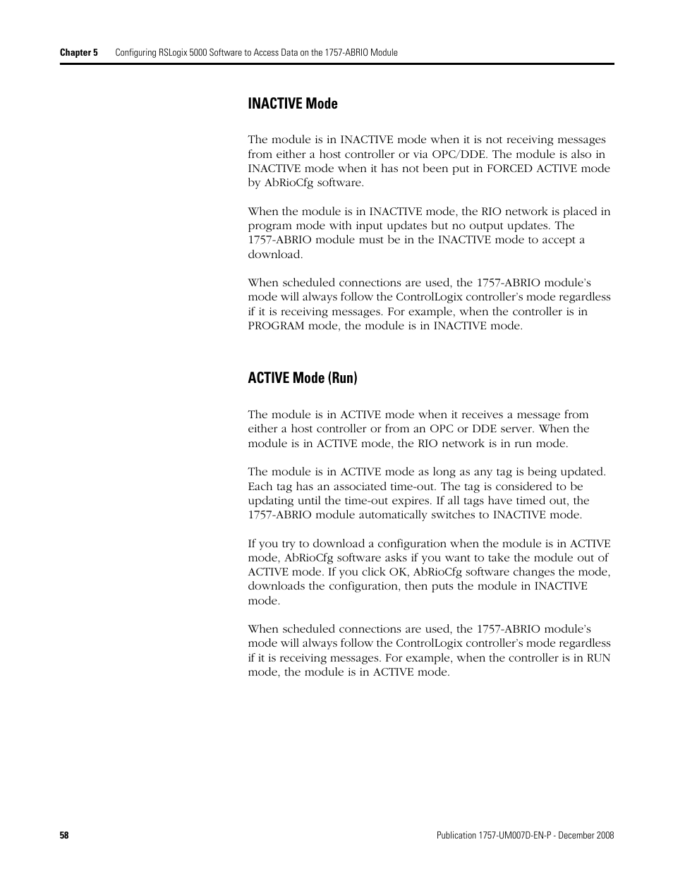 Inactive mode, Active mode (run), Inactive mode active mode (run) | Rockwell Automation 1757-ABRIO Process Remote I/O (RIO) Communication Interface Module User Manual | Page 60 / 160