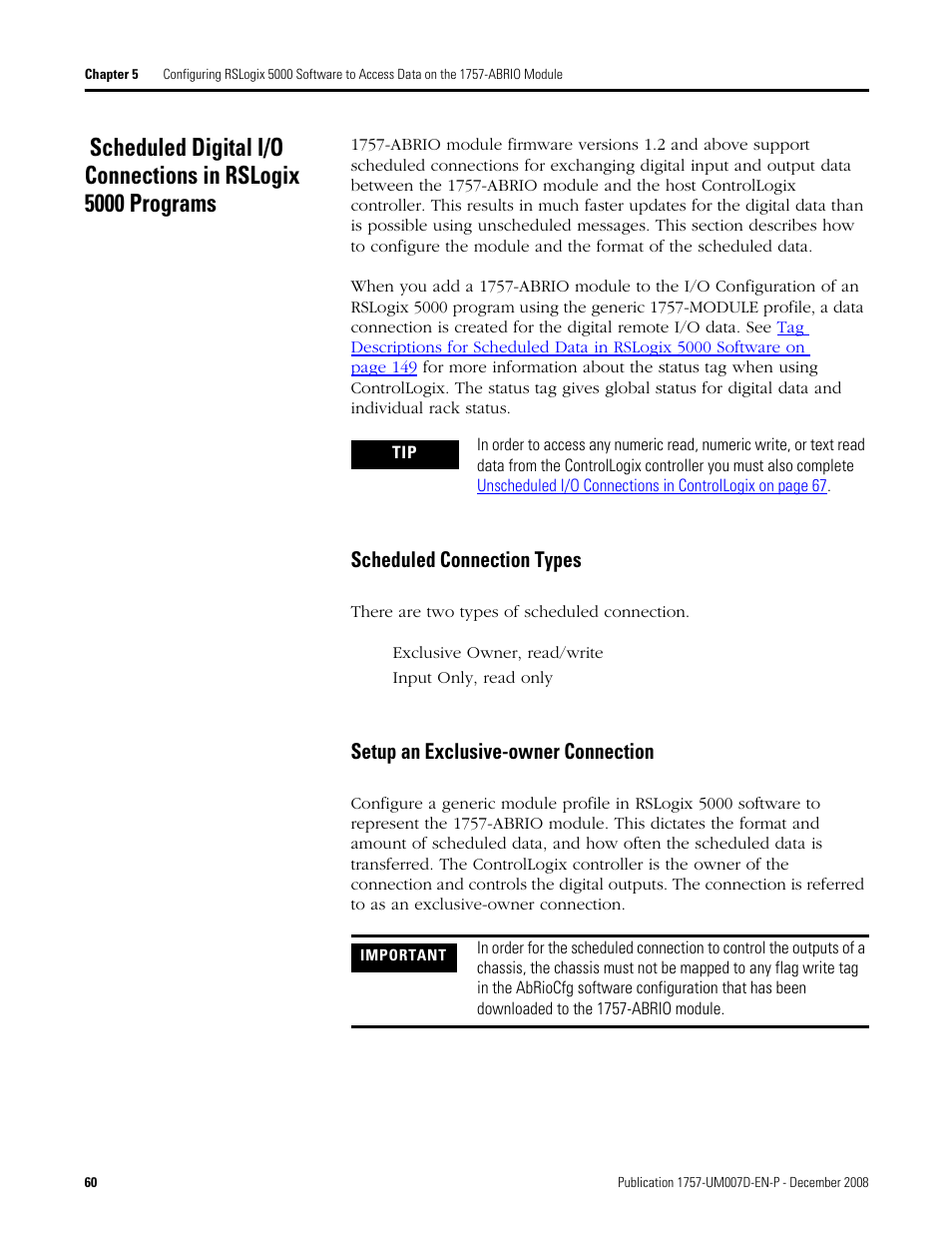 Scheduled connection types, Setup an exclusive-owner connection, Scheduled digital i/o connections in rslogix 5000 | Refer to, Scheduled digital | Rockwell Automation 1757-ABRIO Process Remote I/O (RIO) Communication Interface Module User Manual | Page 62 / 160