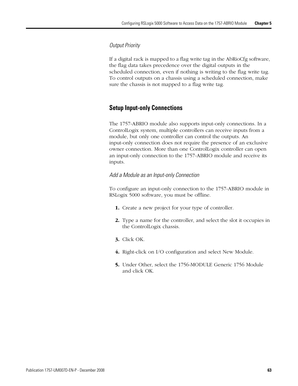 Setup input-only connections | Rockwell Automation 1757-ABRIO Process Remote I/O (RIO) Communication Interface Module User Manual | Page 65 / 160