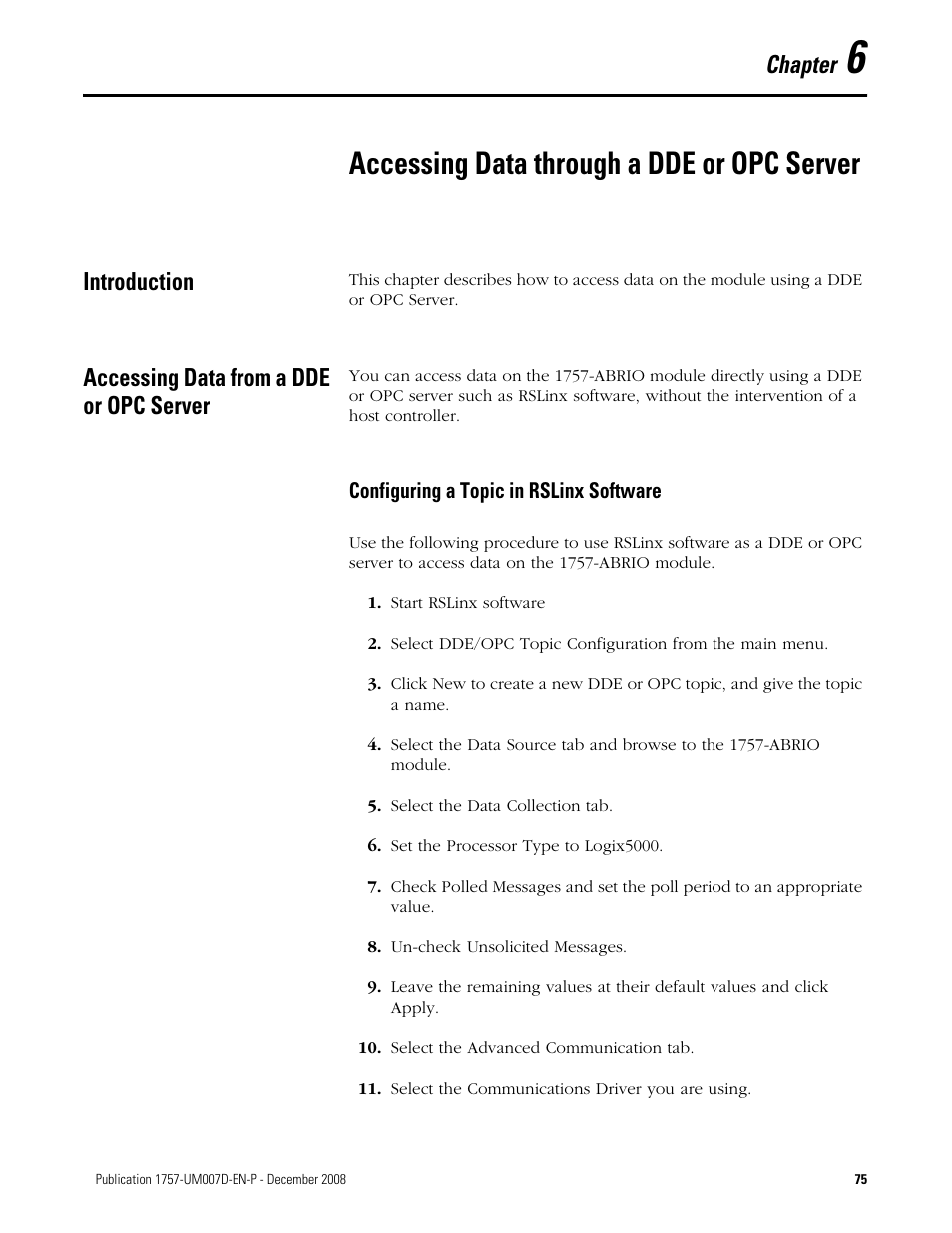 6 - accessing data through a dde or opc server, Introduction, Accessing data from a dde or opc server | Configuring a topic in rslinx software, Chapter 6, Accessing data through a dde or opc server, Chapter | Rockwell Automation 1757-ABRIO Process Remote I/O (RIO) Communication Interface Module User Manual | Page 77 / 160