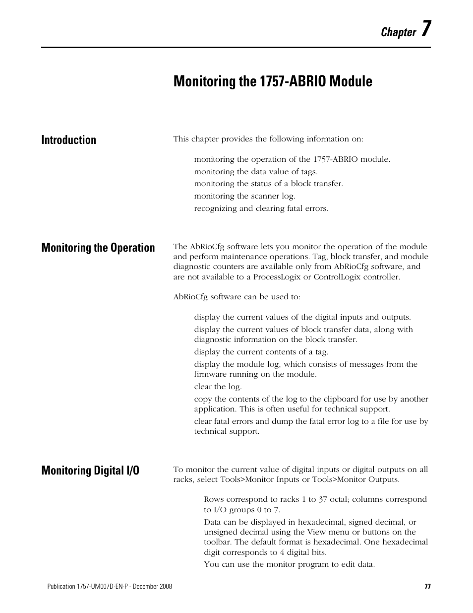 7 - monitoring the 1757-abrio module, Introduction, Monitoring the operation | Monitoring digital i/o, Chapter 7, Monitoring the 1757-abrio module, Chapter | Rockwell Automation 1757-ABRIO Process Remote I/O (RIO) Communication Interface Module User Manual | Page 79 / 160