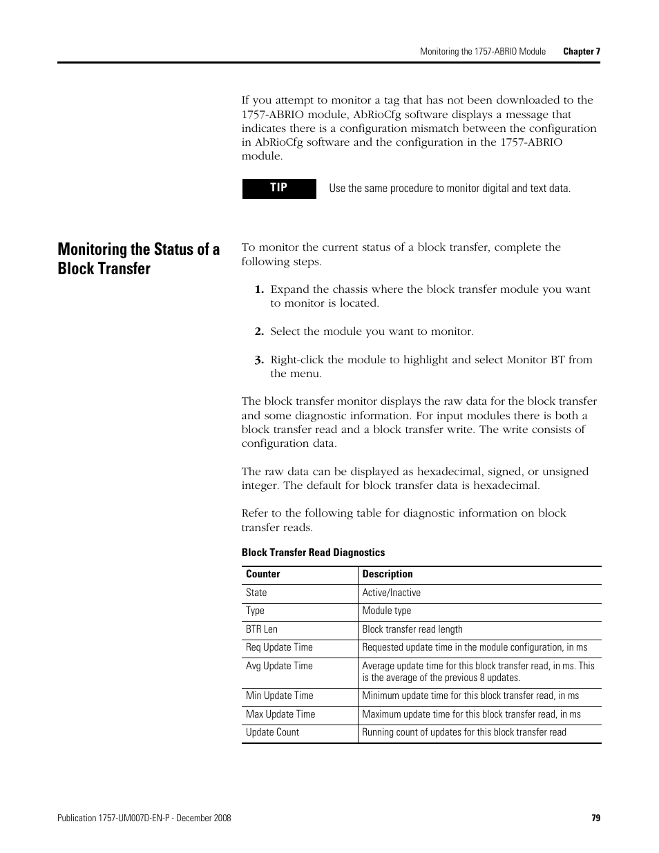 Monitoring the status of a block transfer | Rockwell Automation 1757-ABRIO Process Remote I/O (RIO) Communication Interface Module User Manual | Page 81 / 160