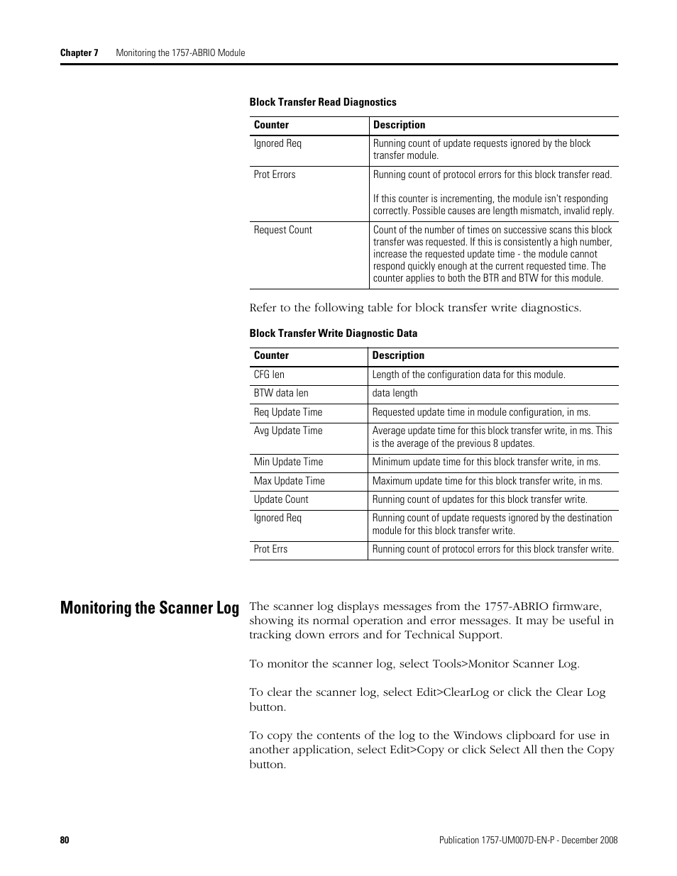 Monitoring the scanner log | Rockwell Automation 1757-ABRIO Process Remote I/O (RIO) Communication Interface Module User Manual | Page 82 / 160