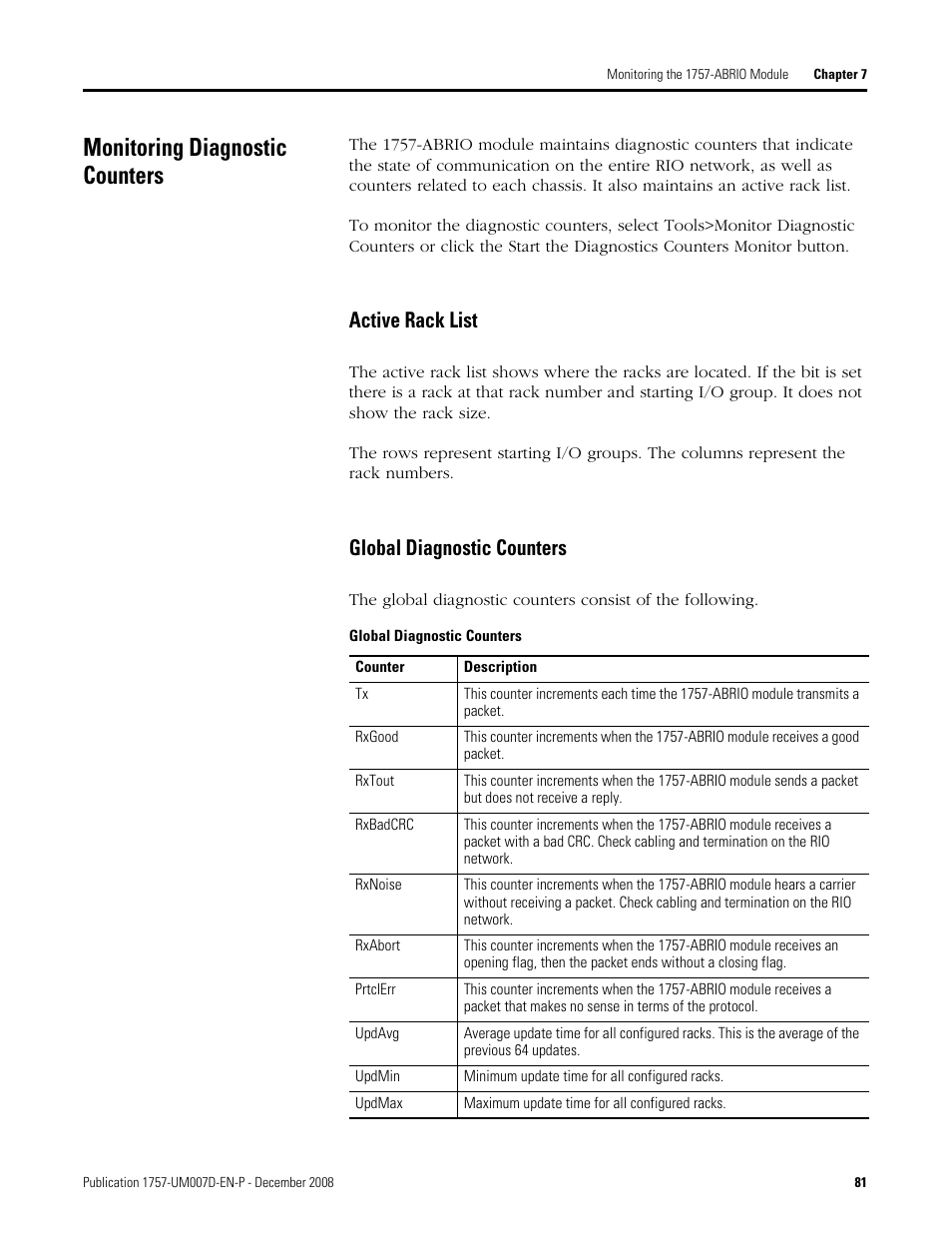Monitoring diagnostic counters, Active rack list, Global diagnostic counters | Active rack list global diagnostic counters | Rockwell Automation 1757-ABRIO Process Remote I/O (RIO) Communication Interface Module User Manual | Page 83 / 160