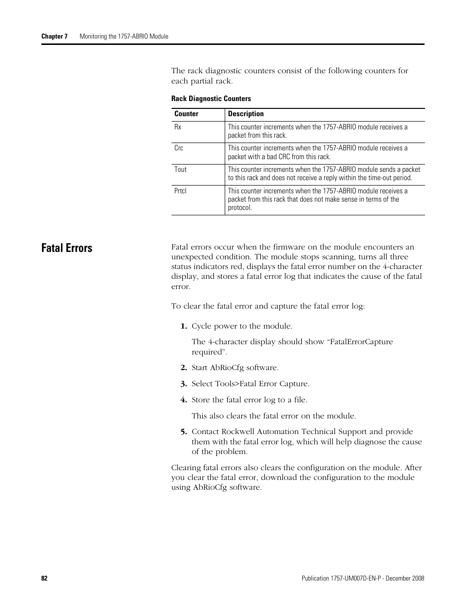 Fatal errors | Rockwell Automation 1757-ABRIO Process Remote I/O (RIO) Communication Interface Module User Manual | Page 84 / 160