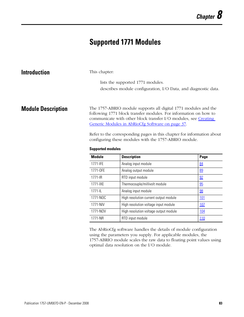 8 - supported 1771 modules, Introduction, Module description | Chapter 8, Supported 1771 modules, Introduction module description, Fer to, Supported 1771 modules on, Chapter | Rockwell Automation 1757-ABRIO Process Remote I/O (RIO) Communication Interface Module User Manual | Page 85 / 160