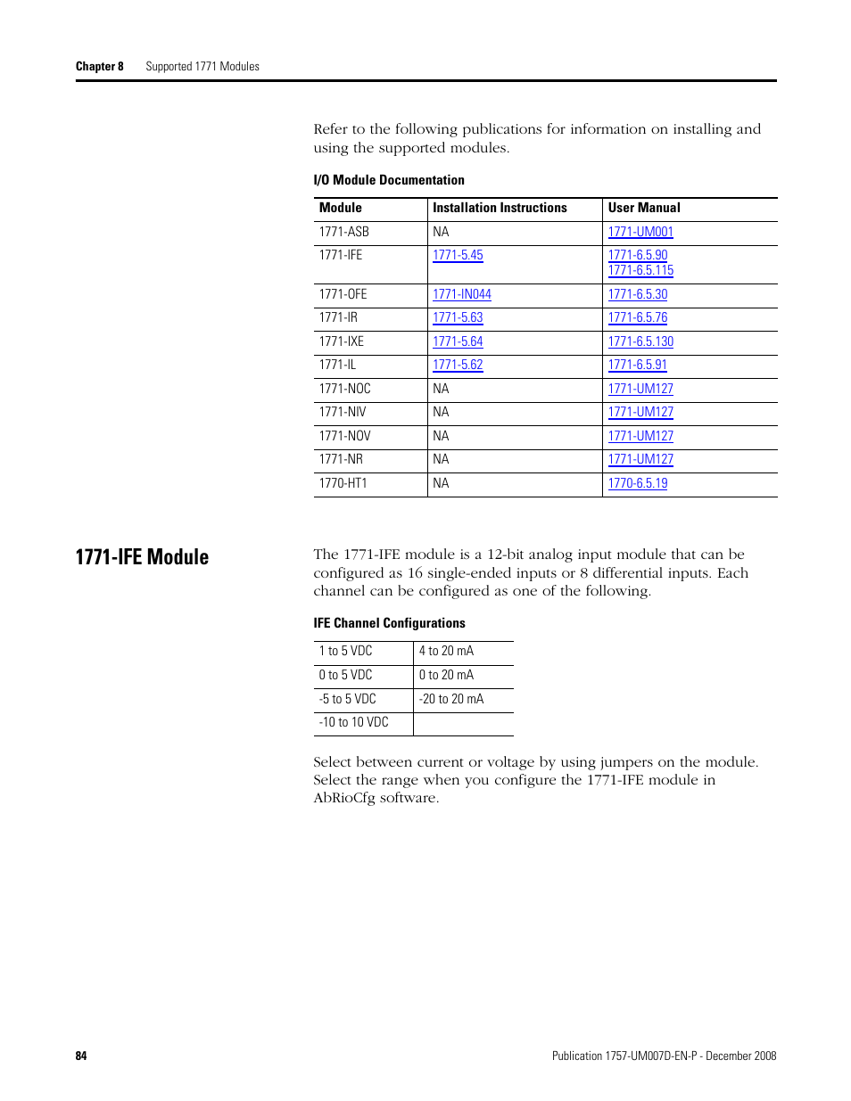 1771-ife module | Rockwell Automation 1757-ABRIO Process Remote I/O (RIO) Communication Interface Module User Manual | Page 86 / 160