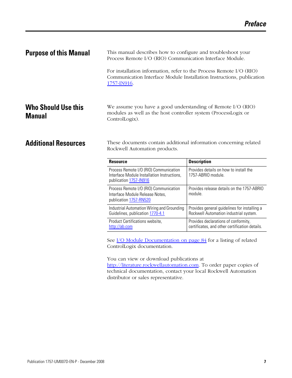 Preface, Purpose of this manual, Who should use this manual | Additional resources, Preface purpose of this manual | Rockwell Automation 1757-ABRIO Process Remote I/O (RIO) Communication Interface Module User Manual | Page 9 / 160