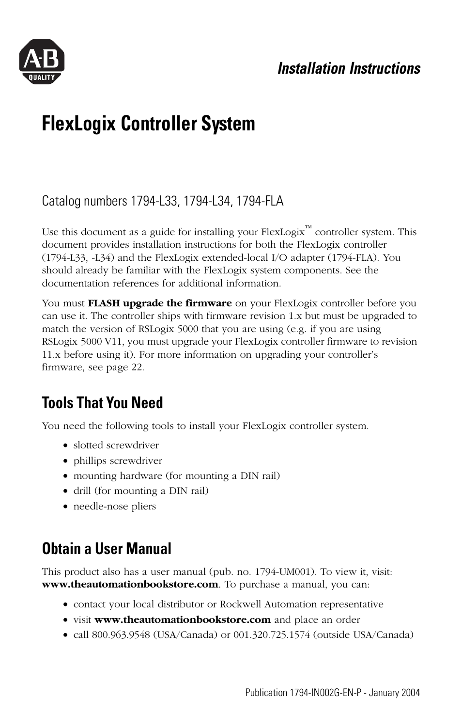 Rockwell Automation 1794-FLA FlexLogix Controller Installation Instructions User Manual | 28 pages