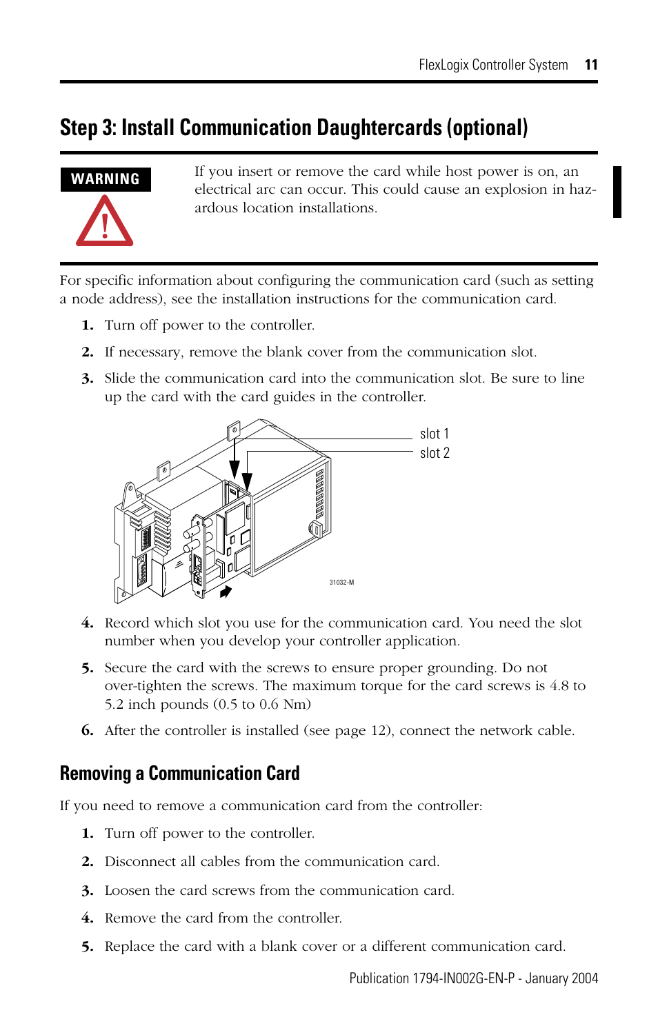 Removing a communication card | Rockwell Automation 1794-FLA FlexLogix Controller Installation Instructions User Manual | Page 11 / 28