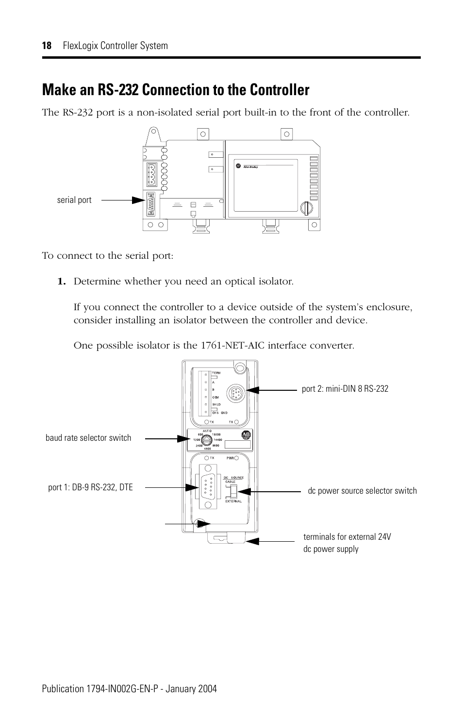 Make an rs-232 connection to the controller | Rockwell Automation 1794-FLA FlexLogix Controller Installation Instructions User Manual | Page 18 / 28