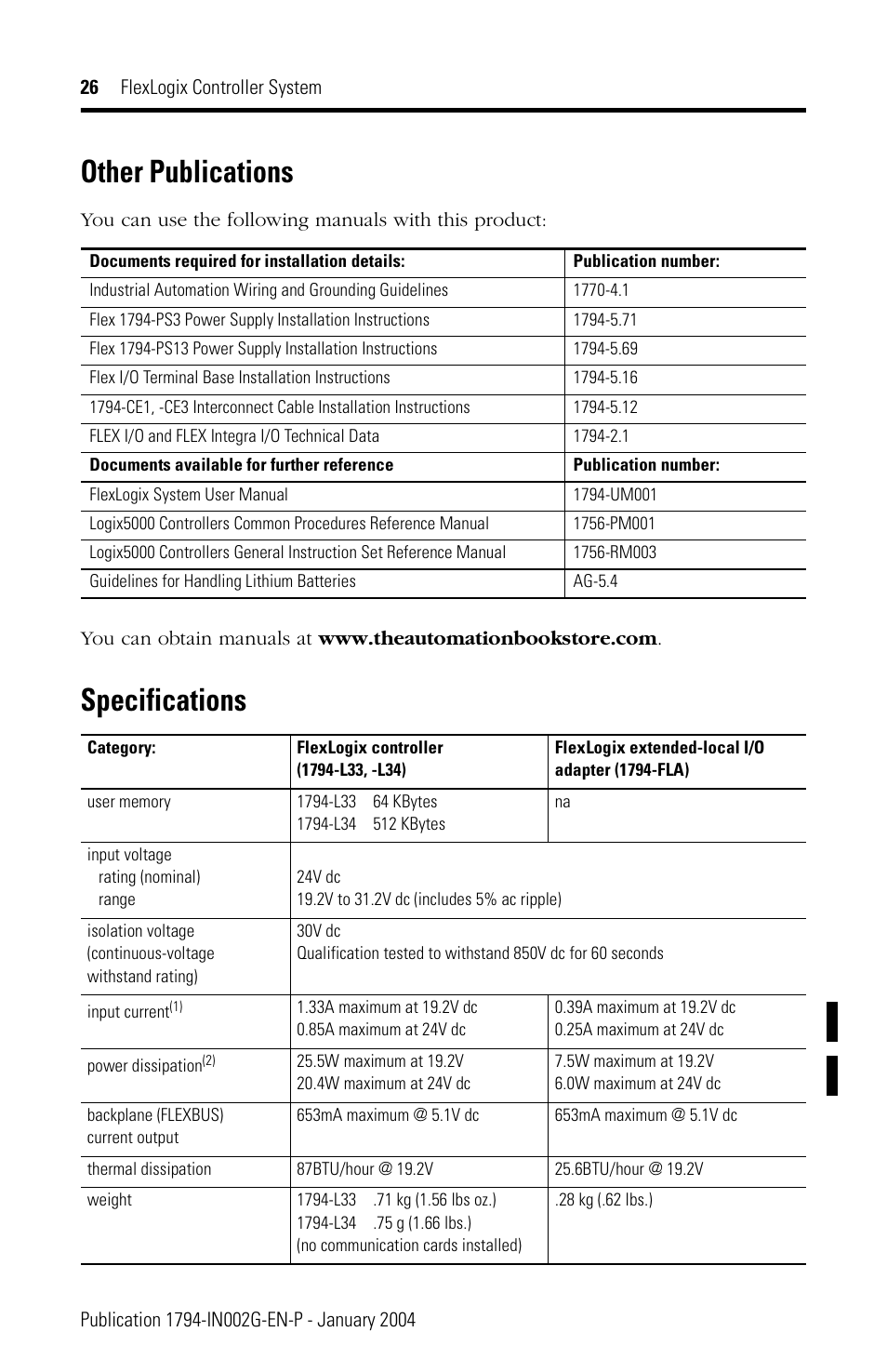 Other publications, Specifications, D on 26 | Ons on 26 | Rockwell Automation 1794-FLA FlexLogix Controller Installation Instructions User Manual | Page 26 / 28