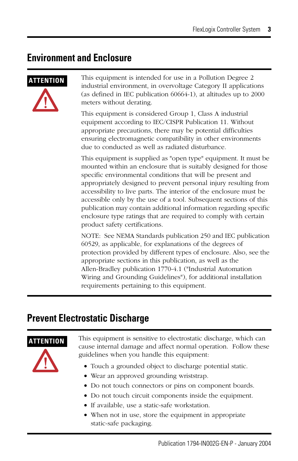 Environment and enclosure, Prevent electrostatic discharge | Rockwell Automation 1794-FLA FlexLogix Controller Installation Instructions User Manual | Page 3 / 28