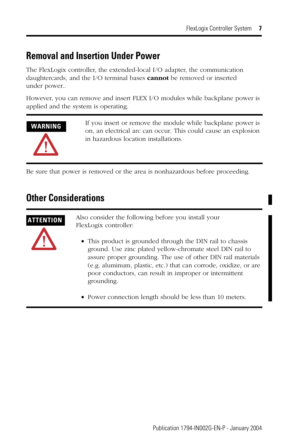 Removal and insertion under power, Other considerations | Rockwell Automation 1794-FLA FlexLogix Controller Installation Instructions User Manual | Page 7 / 28
