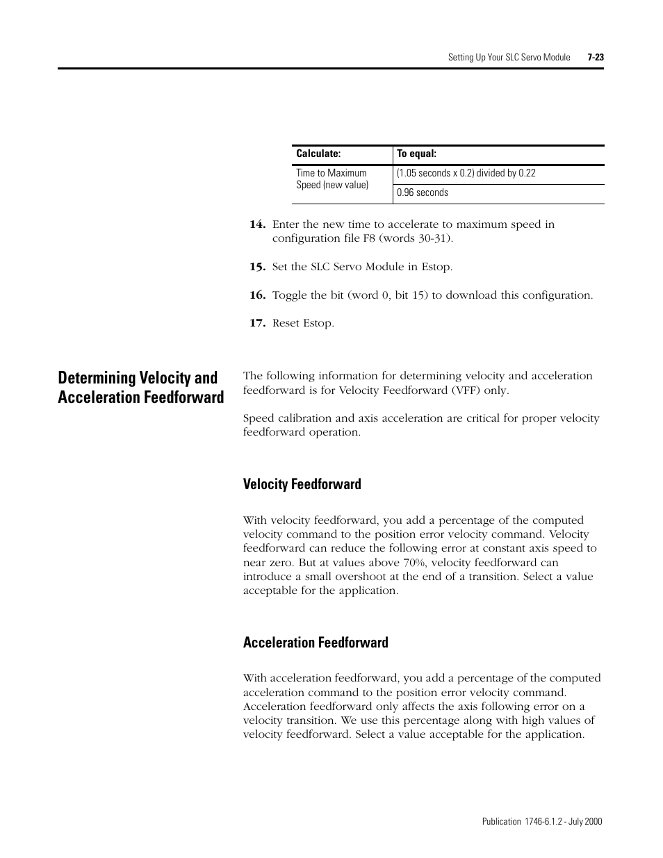 Determining velocity and acceleration feedforward, Velocity feedforward, Acceleration feedforward | Rockwell Automation 1746-HSRV SLC Servo Control Module User Manual User Manual | Page 102 / 224