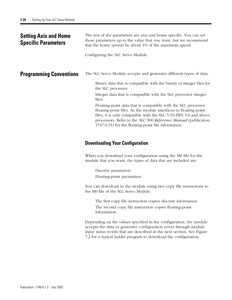 Setting axis and home specific parameters, Programming conventions, Downloading your configuration | Rockwell Automation 1746-HSRV SLC Servo Control Module User Manual User Manual | Page 103 / 224