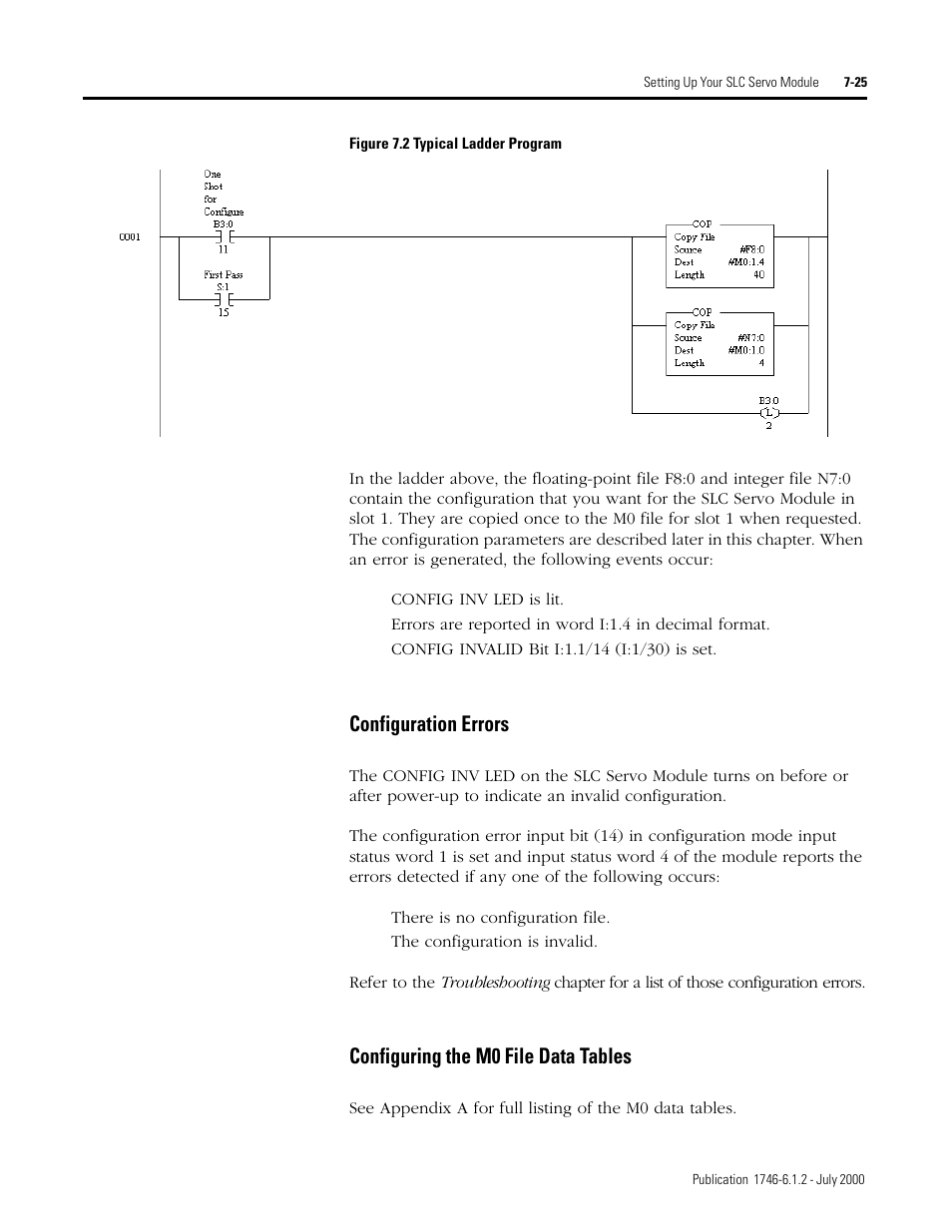 Configuration errors, Configuring the m0 file data tables | Rockwell Automation 1746-HSRV SLC Servo Control Module User Manual User Manual | Page 104 / 224
