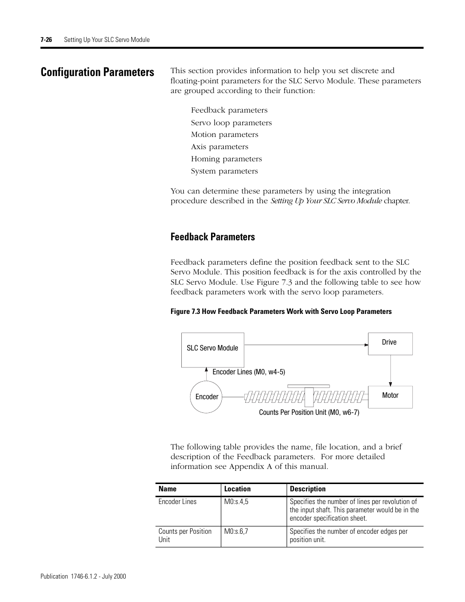 Configuration parameters, Feedback parameters | Rockwell Automation 1746-HSRV SLC Servo Control Module User Manual User Manual | Page 105 / 224