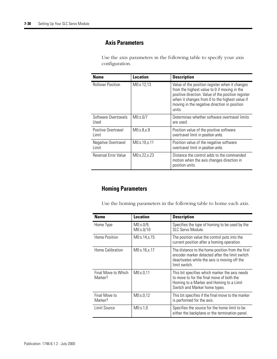 Axis parameters, Homing parameters | Rockwell Automation 1746-HSRV SLC Servo Control Module User Manual User Manual | Page 109 / 224