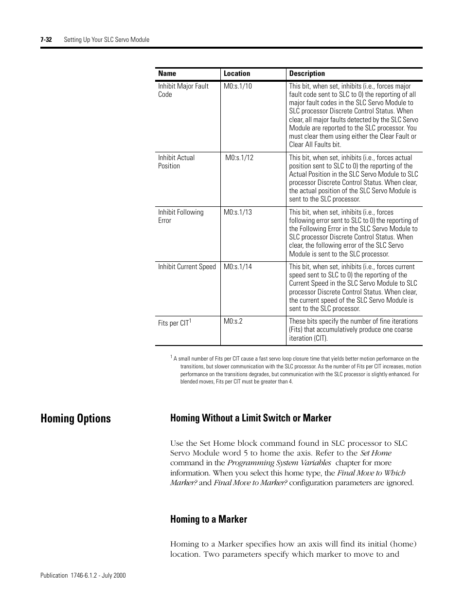 Homing options, Homing without a limit switch or marker, Homing to a marker | Rockwell Automation 1746-HSRV SLC Servo Control Module User Manual User Manual | Page 111 / 224