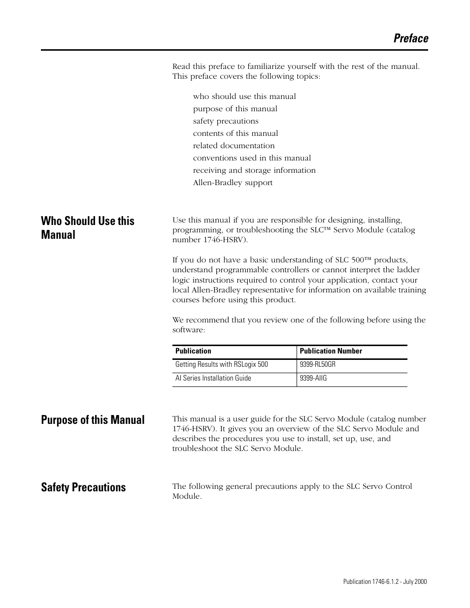 Preface, Who should use this manual, Purpose of this manual | Safety precautions | Rockwell Automation 1746-HSRV SLC Servo Control Module User Manual User Manual | Page 12 / 224