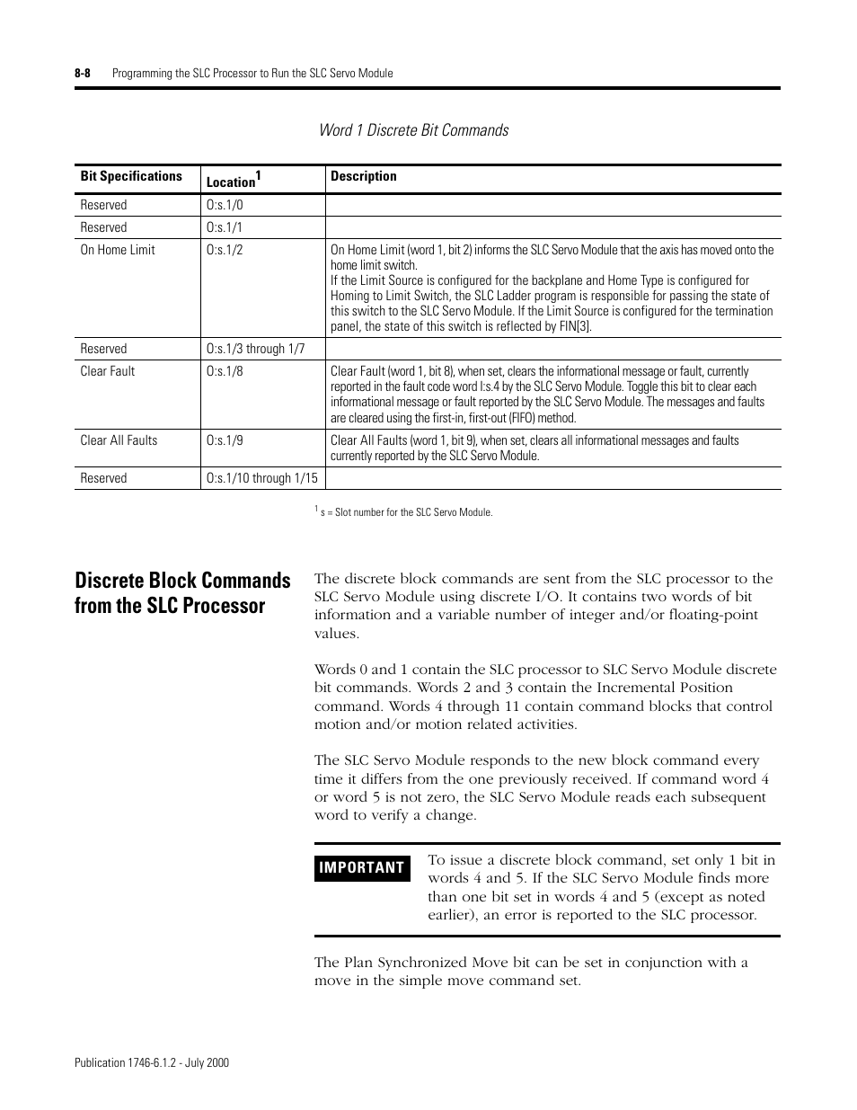 Discrete block commands from the slc processor, Word 1 discrete bit commands | Rockwell Automation 1746-HSRV SLC Servo Control Module User Manual User Manual | Page 125 / 224