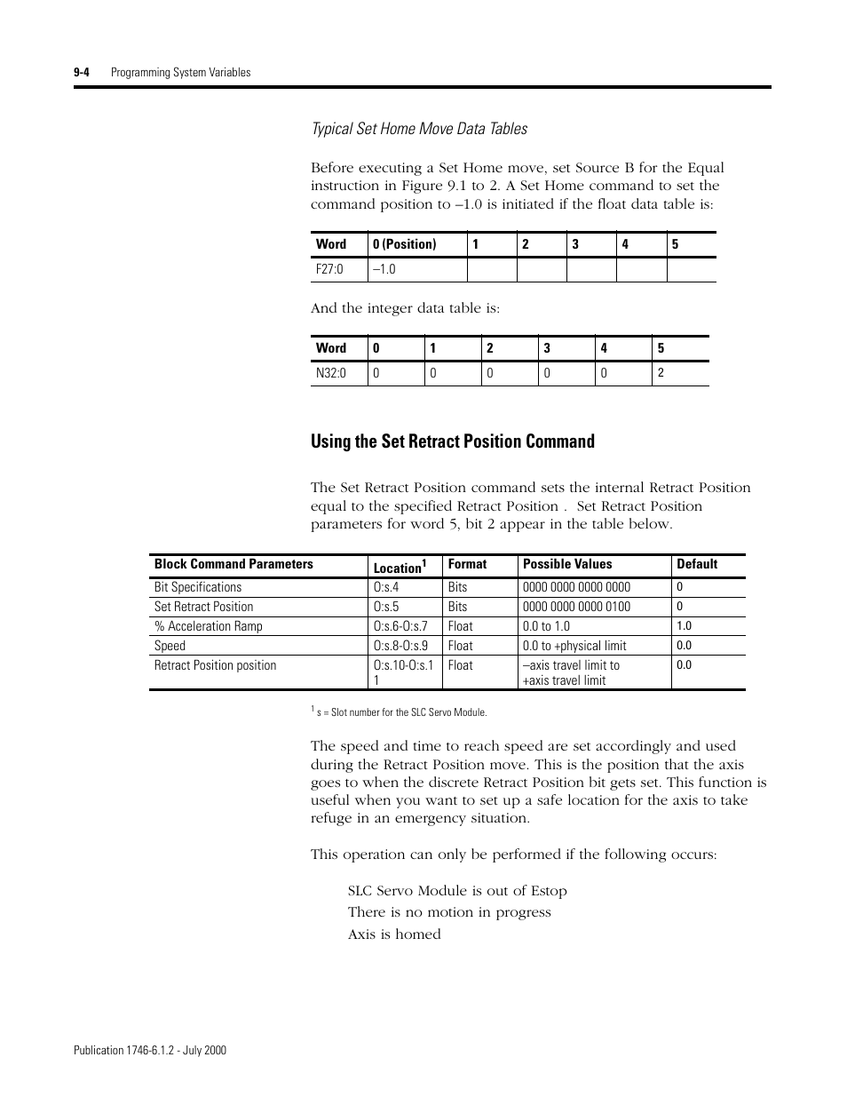 Using the set retract position command, Typical set home move data tables | Rockwell Automation 1746-HSRV SLC Servo Control Module User Manual User Manual | Page 147 / 224