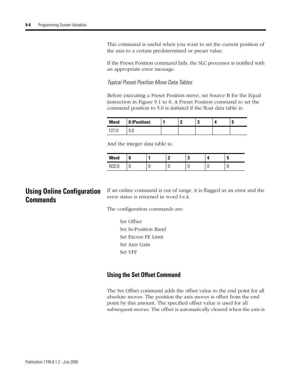 Using online configuration commands, Using the set offset command | Rockwell Automation 1746-HSRV SLC Servo Control Module User Manual User Manual | Page 149 / 224