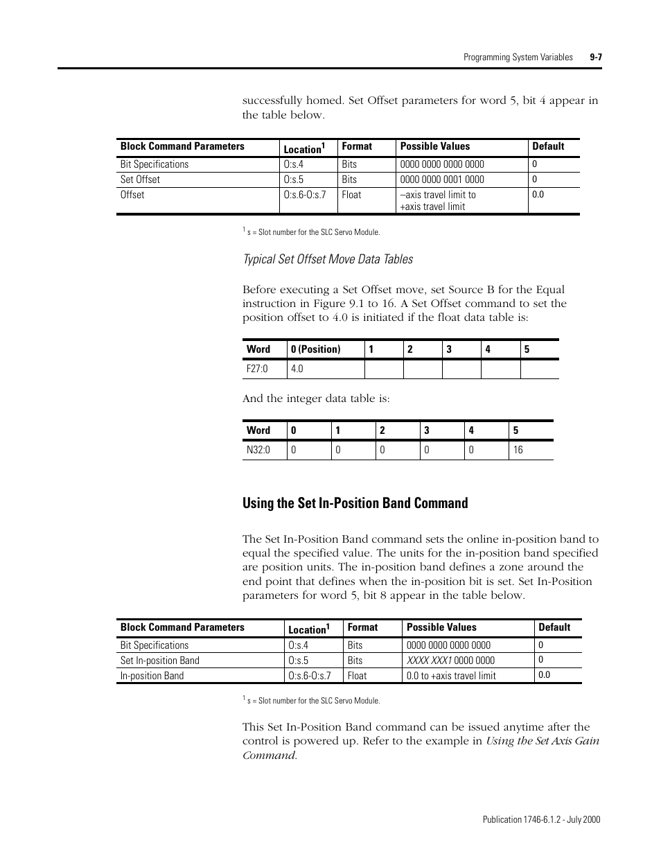 Using the set in-position band command, Typical set offset move data tables | Rockwell Automation 1746-HSRV SLC Servo Control Module User Manual User Manual | Page 150 / 224