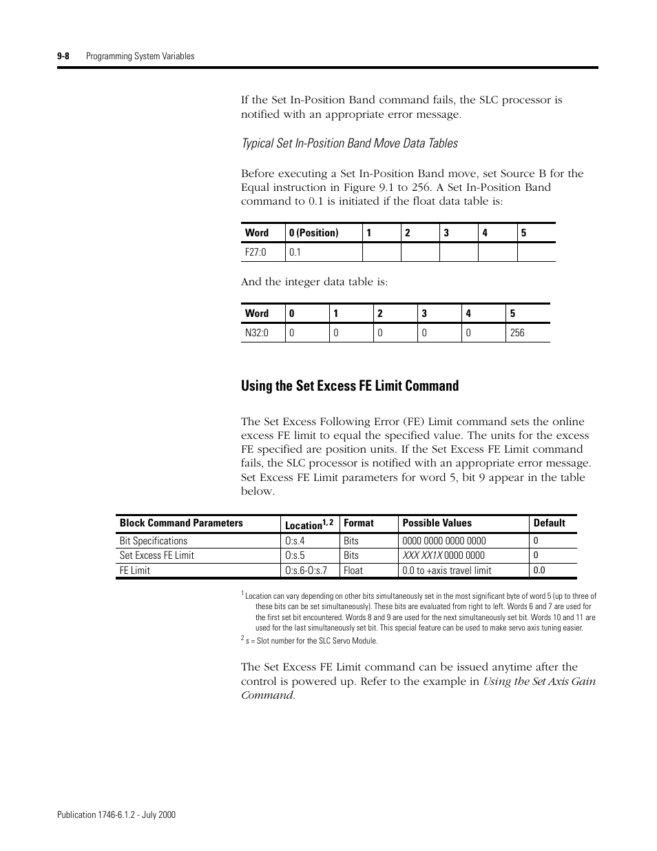 Using the set excess fe limit command, Typical set in-position band move data tables | Rockwell Automation 1746-HSRV SLC Servo Control Module User Manual User Manual | Page 151 / 224