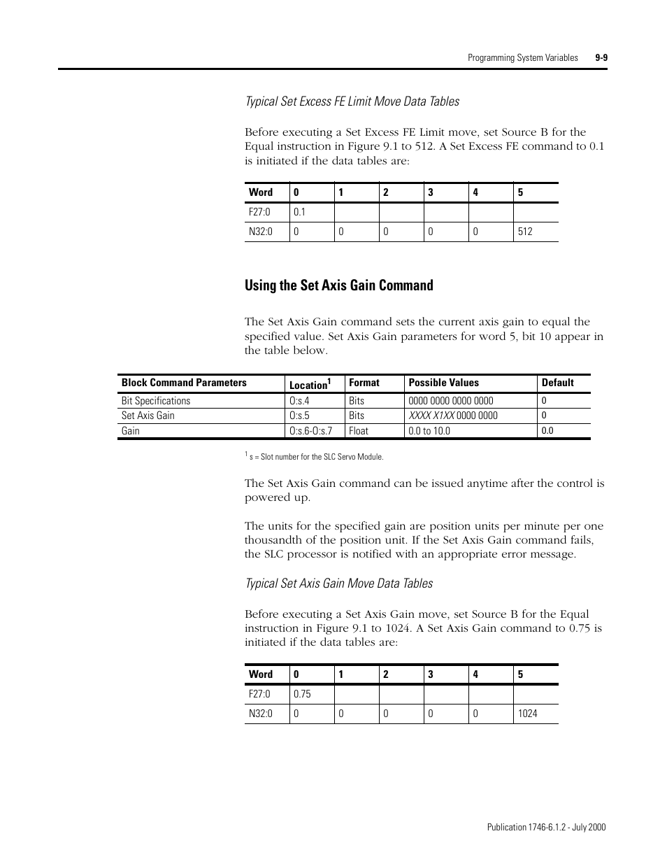 Using the set axis gain command, Typical set excess fe limit move data tables, Typical set axis gain move data tables | Rockwell Automation 1746-HSRV SLC Servo Control Module User Manual User Manual | Page 152 / 224