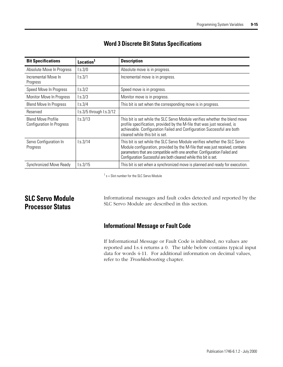 Slc servo module processor status, Word 3 discrete bit status specifications, Informational message or fault code | Rockwell Automation 1746-HSRV SLC Servo Control Module User Manual User Manual | Page 158 / 224