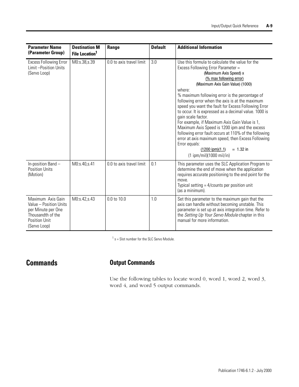 Commands, Output commands | Rockwell Automation 1746-HSRV SLC Servo Control Module User Manual User Manual | Page 182 / 224