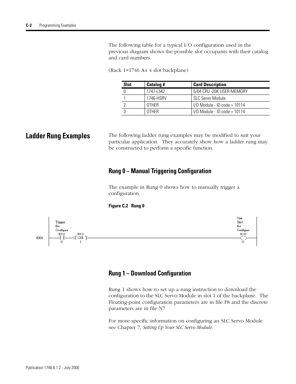 Ladder rung examples, Rung 0 – manual triggering configuration, Rung 1 – download configuration | Rockwell Automation 1746-HSRV SLC Servo Control Module User Manual User Manual | Page 191 / 224