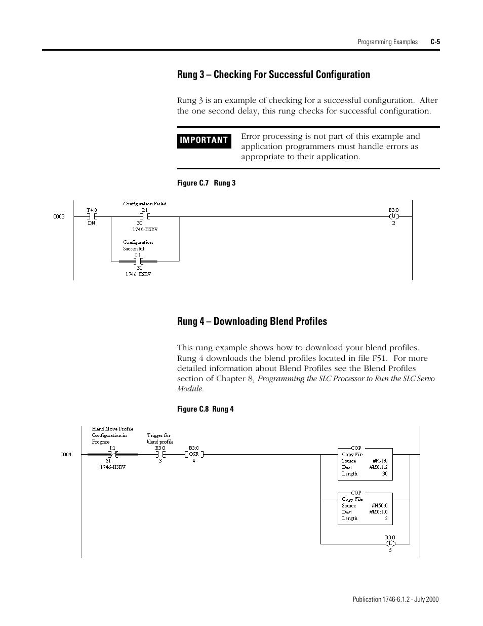 Rung 3 – checking for successful configuration, Rung 4 – downloading blend profiles | Rockwell Automation 1746-HSRV SLC Servo Control Module User Manual User Manual | Page 194 / 224