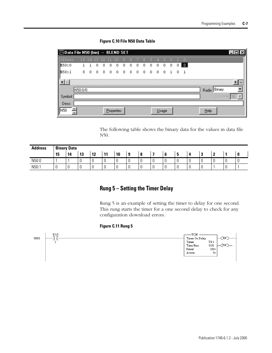 Rung 5 – setting the timer delay | Rockwell Automation 1746-HSRV SLC Servo Control Module User Manual User Manual | Page 196 / 224