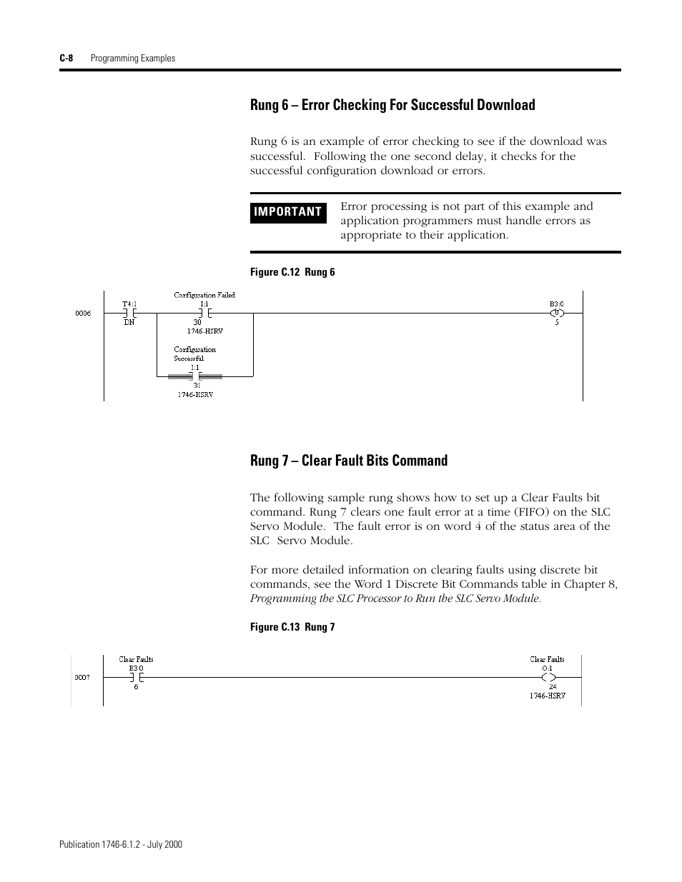 Rung 6 – error checking for successful download, Rung 7 – clear fault bits command | Rockwell Automation 1746-HSRV SLC Servo Control Module User Manual User Manual | Page 197 / 224