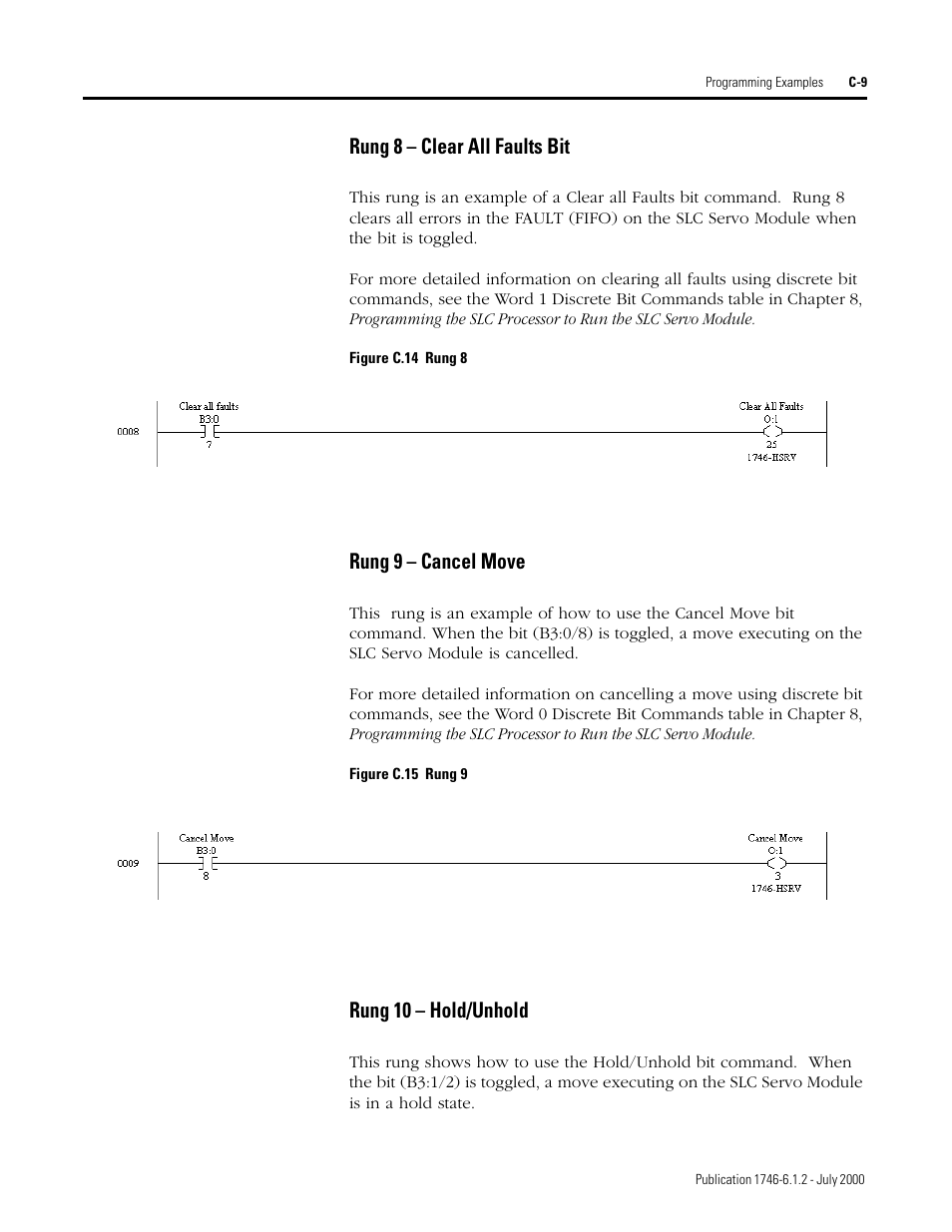 Rung 8 – clear all faults bit, Rung 9 – cancel move, Rung 10 – hold/unhold | Rockwell Automation 1746-HSRV SLC Servo Control Module User Manual User Manual | Page 198 / 224
