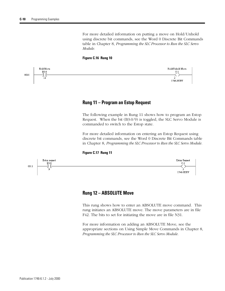 Rung 11 – program an estop request, Rung 12 – absolute move | Rockwell Automation 1746-HSRV SLC Servo Control Module User Manual User Manual | Page 199 / 224
