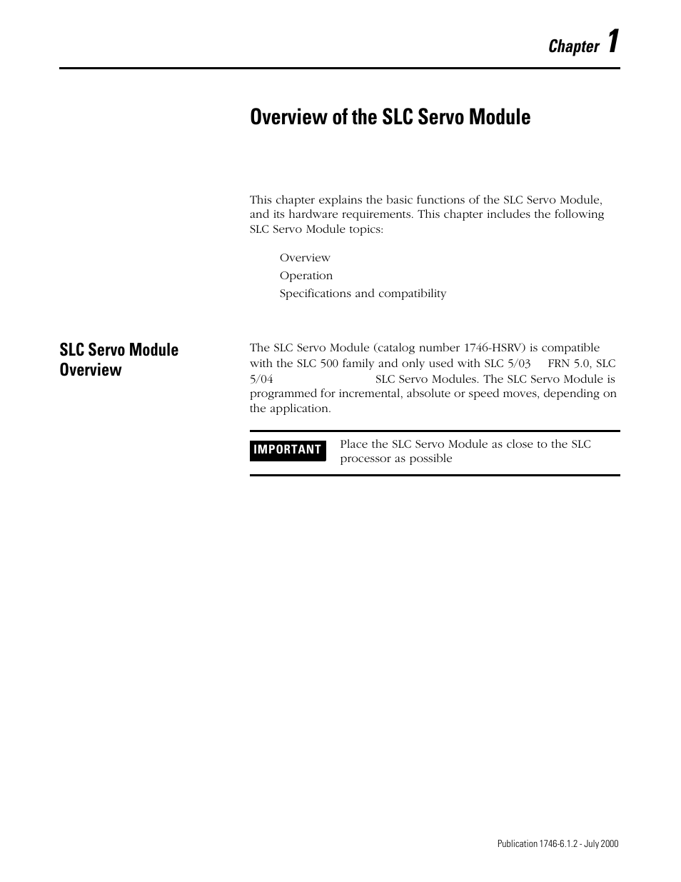 Overview of the slc servo module, Chapter, Slc servo module overview | Rockwell Automation 1746-HSRV SLC Servo Control Module User Manual User Manual | Page 20 / 224