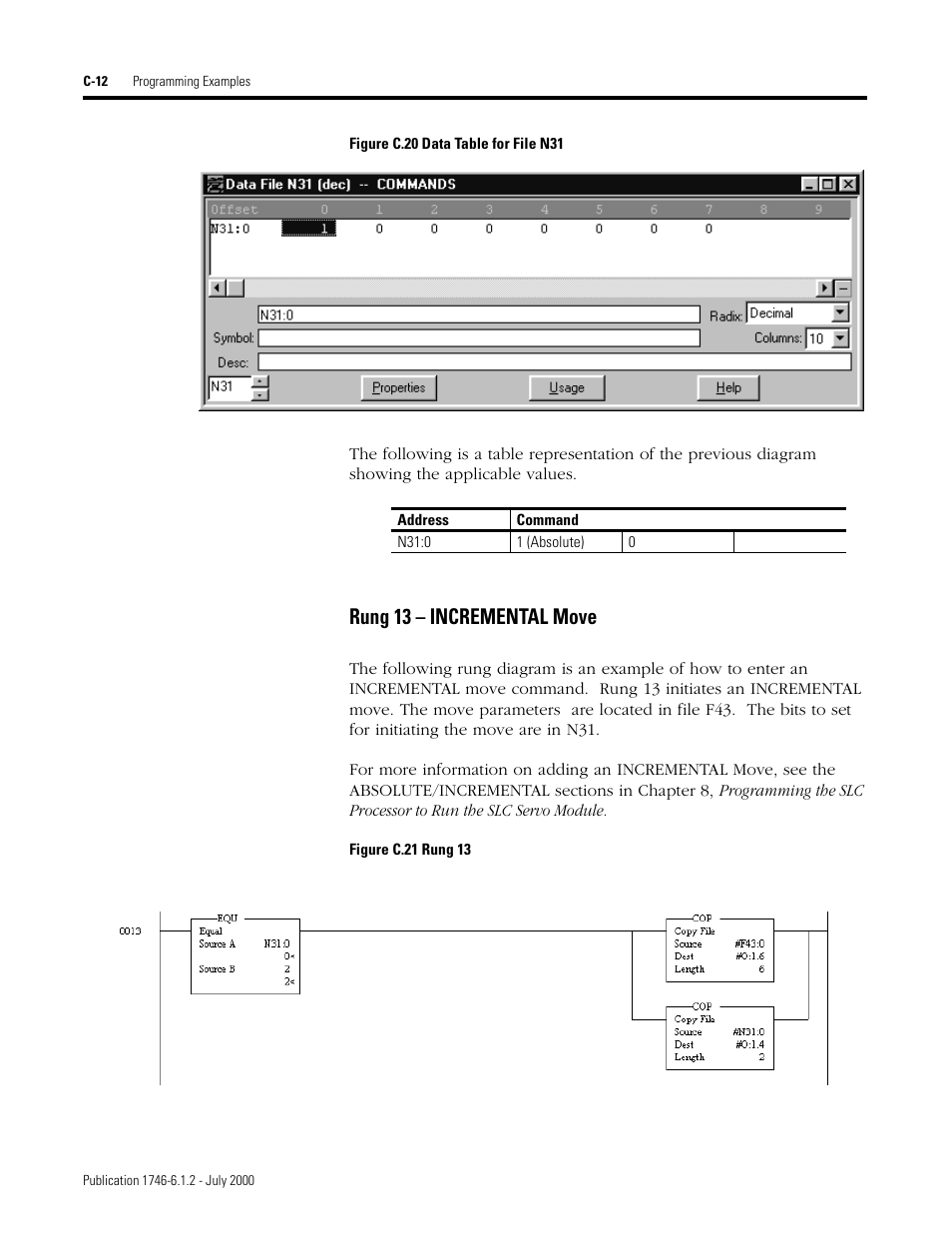 Rung 13 – incremental move | Rockwell Automation 1746-HSRV SLC Servo Control Module User Manual User Manual | Page 201 / 224