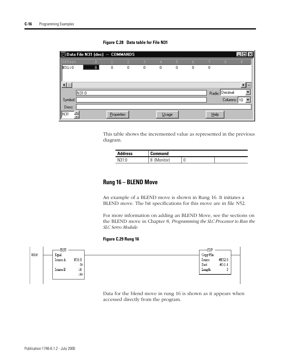 Rung 16 – blend move | Rockwell Automation 1746-HSRV SLC Servo Control Module User Manual User Manual | Page 205 / 224