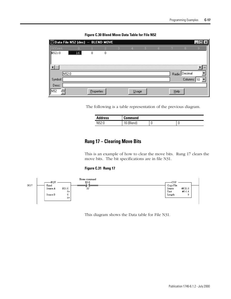 Rung 17 – clearing move bits | Rockwell Automation 1746-HSRV SLC Servo Control Module User Manual User Manual | Page 206 / 224