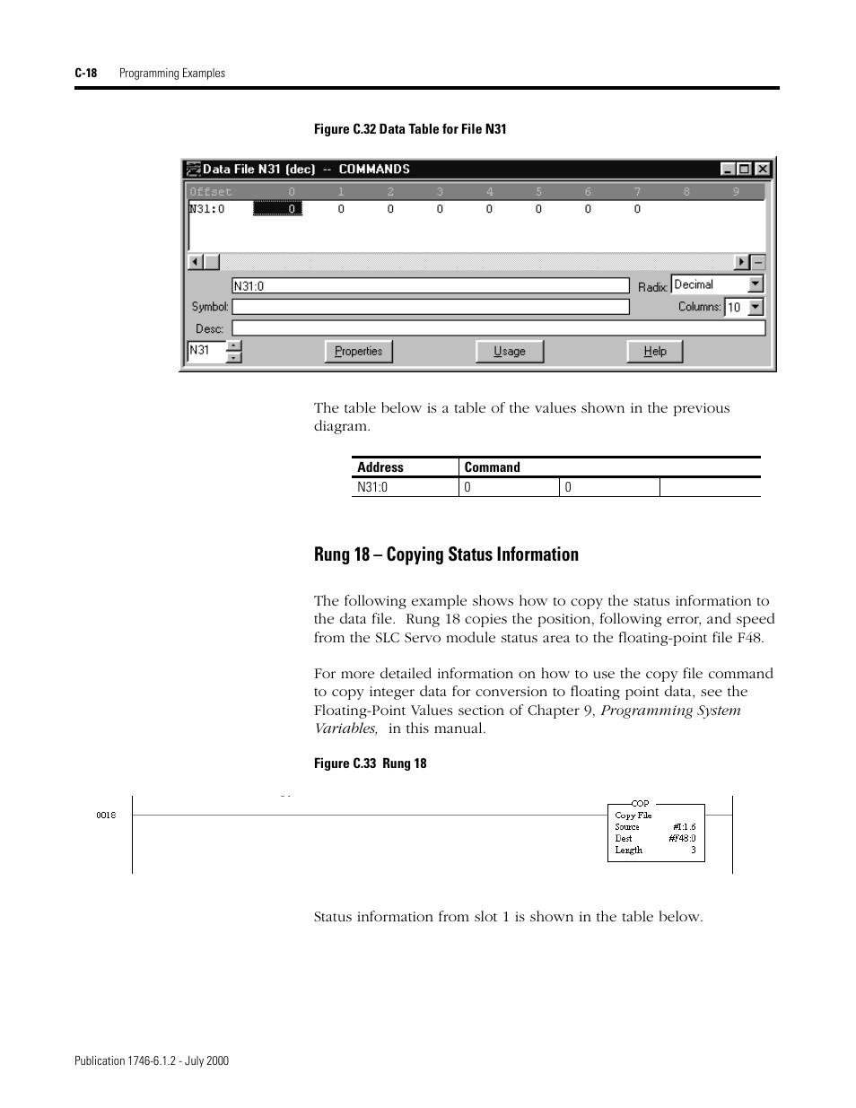 Rung 18 – copying status information | Rockwell Automation 1746-HSRV SLC Servo Control Module User Manual User Manual | Page 207 / 224