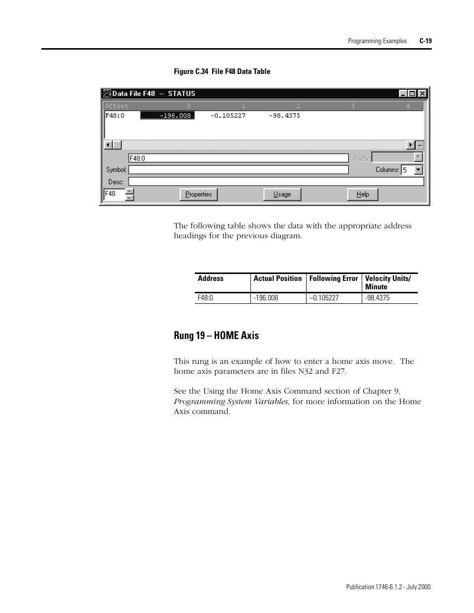 Rung 19 – home axis | Rockwell Automation 1746-HSRV SLC Servo Control Module User Manual User Manual | Page 208 / 224