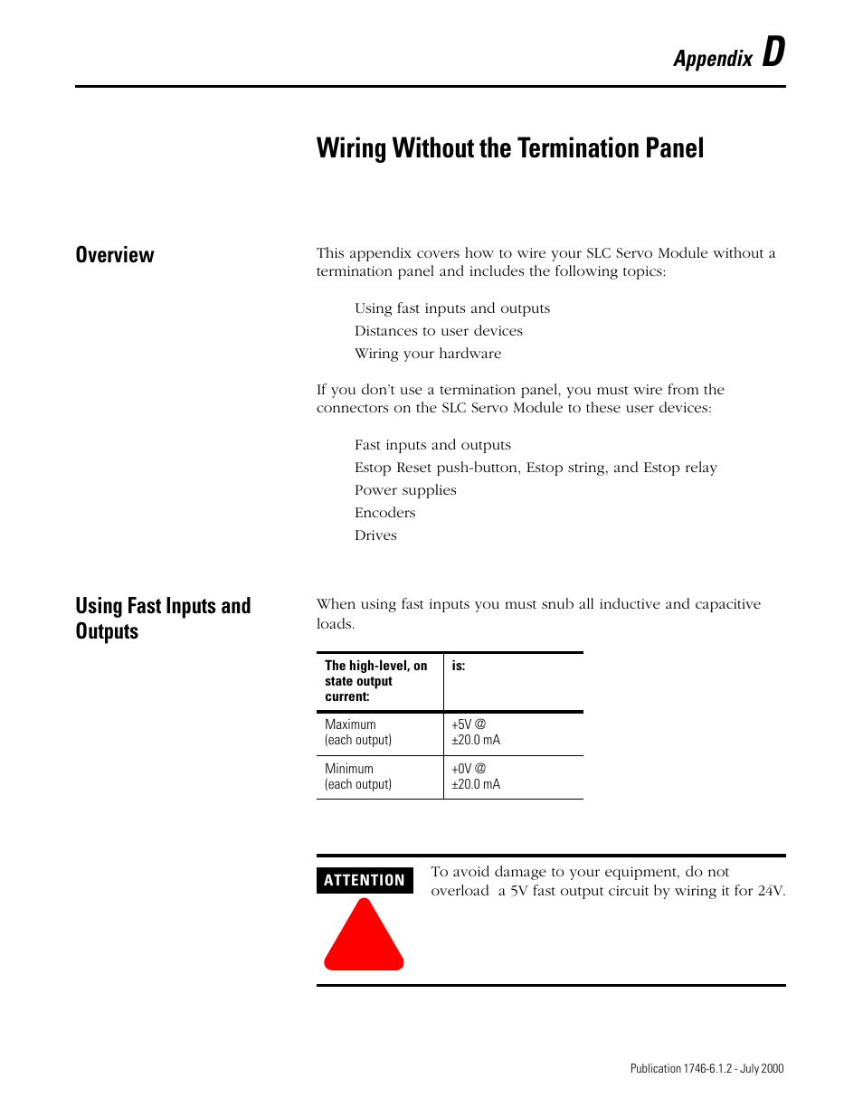 Wiring without the termination panel, Appendix, Overview | Using fast inputs and outputs | Rockwell Automation 1746-HSRV SLC Servo Control Module User Manual User Manual | Page 212 / 224