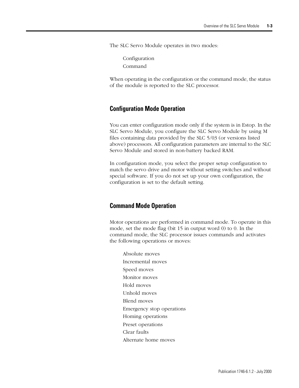 Configuration mode operation, Command mode operation | Rockwell Automation 1746-HSRV SLC Servo Control Module User Manual User Manual | Page 22 / 224