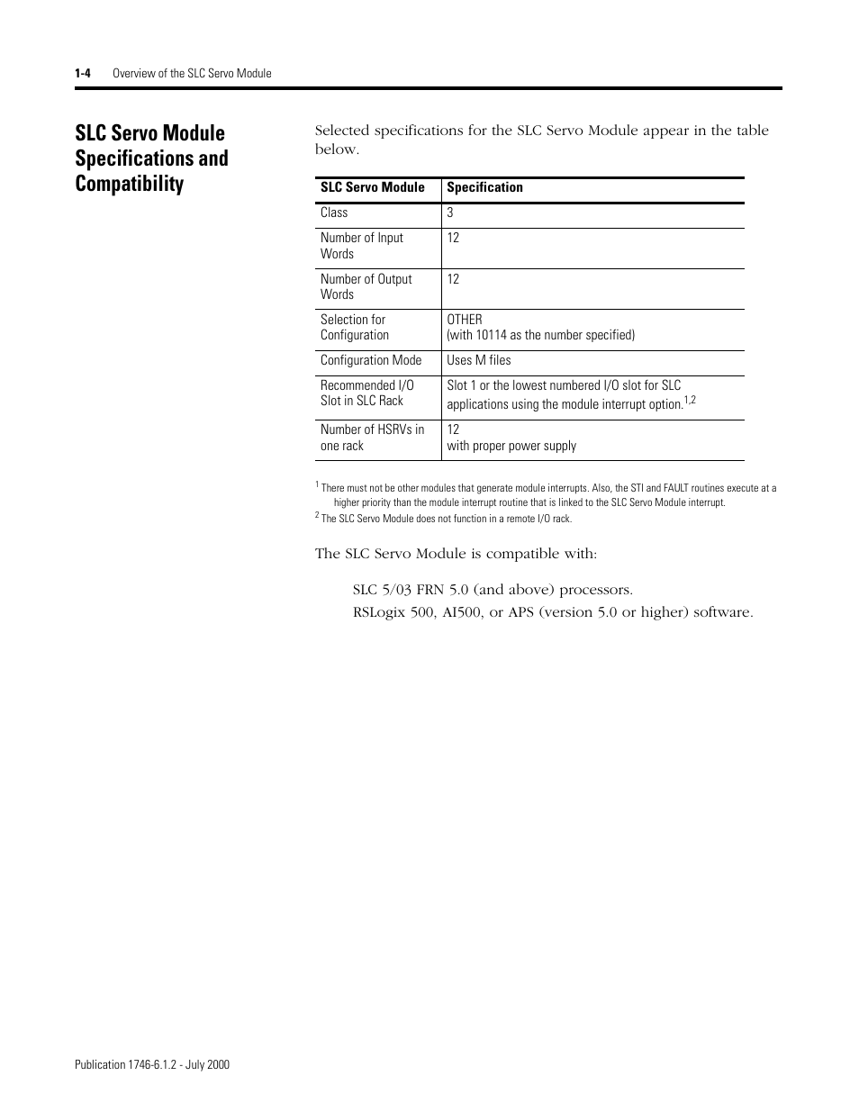 Slc servo module specifications and compatibility | Rockwell Automation 1746-HSRV SLC Servo Control Module User Manual User Manual | Page 23 / 224