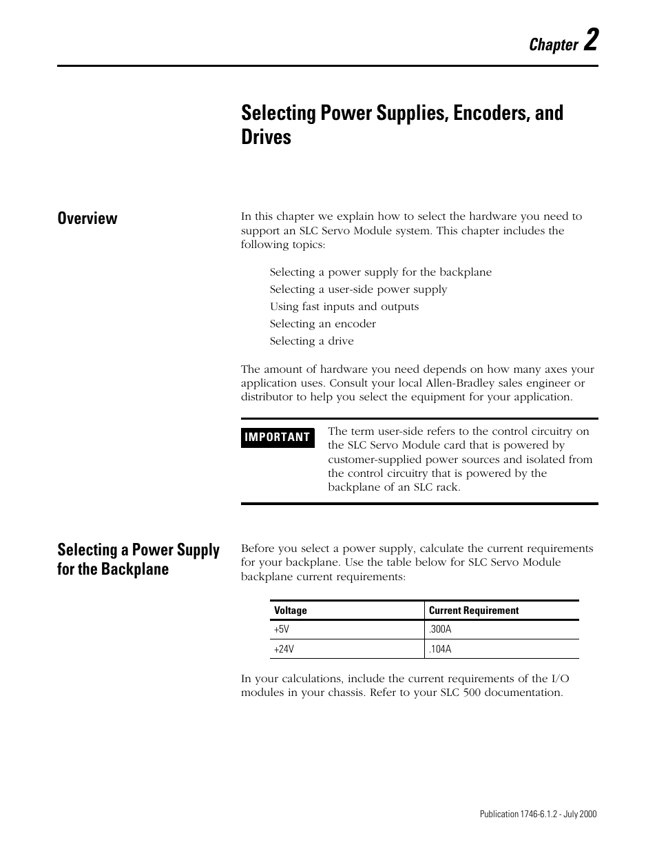 Selecting power supplies, encoders, and drives, Chapter, Overview | Selecting a power supply for the backplane | Rockwell Automation 1746-HSRV SLC Servo Control Module User Manual User Manual | Page 24 / 224